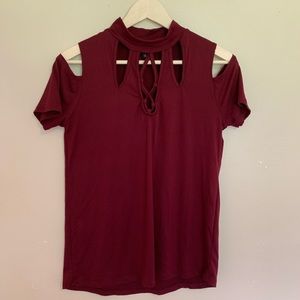 Burgundy cold shoulder cut out neckline large